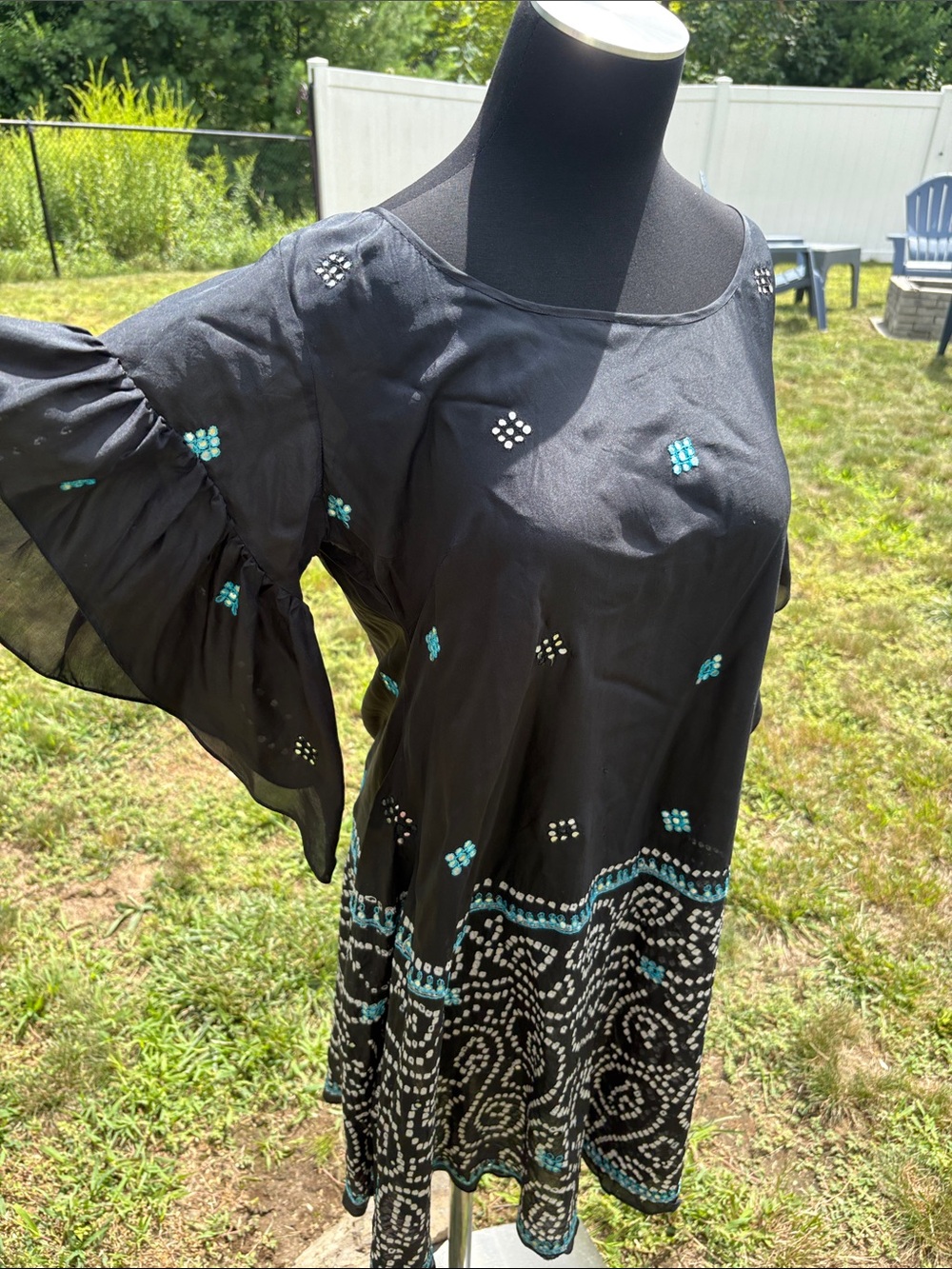 100% Silk Black Embellished Flowy Boho Women's Dress with Turquoise Accents